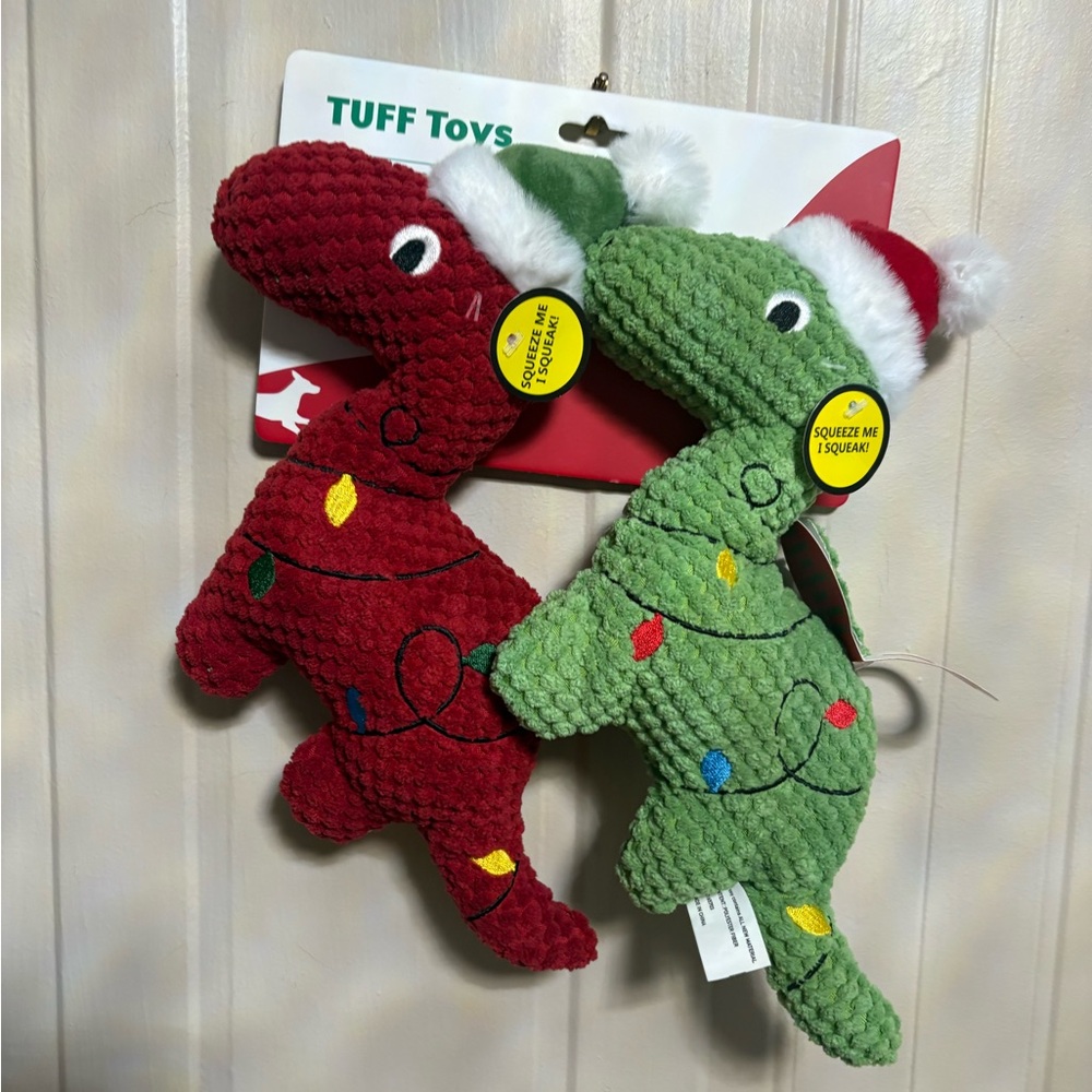 Jmle  tuff  Set Of 2 Christmas Dinosaurs 11”  With Santa’s Hat Dog Toy Squeakers